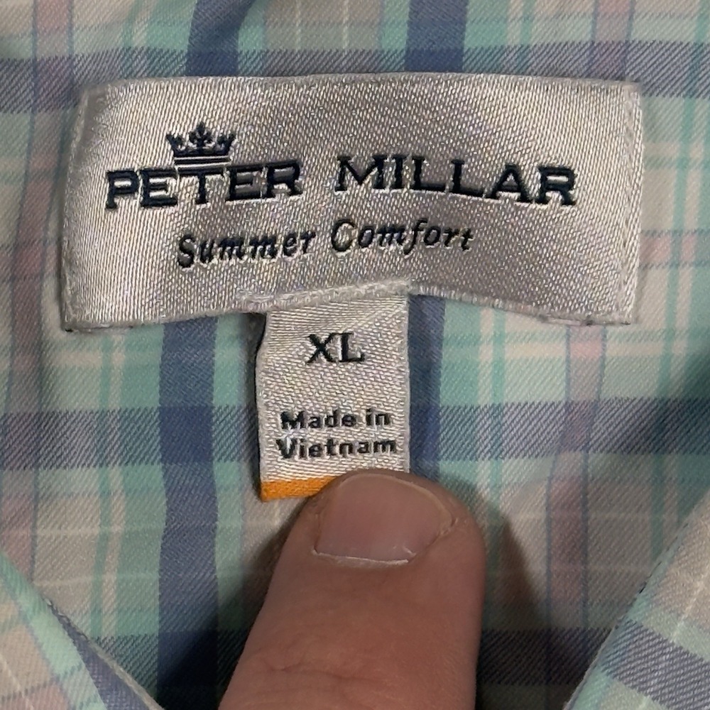 PETER MILLAR BUTTON SHIRT Men's -XL- WHITE BLUE Plaid POLY -SUMMER COMFORT GOLF - Picture 3 of 7